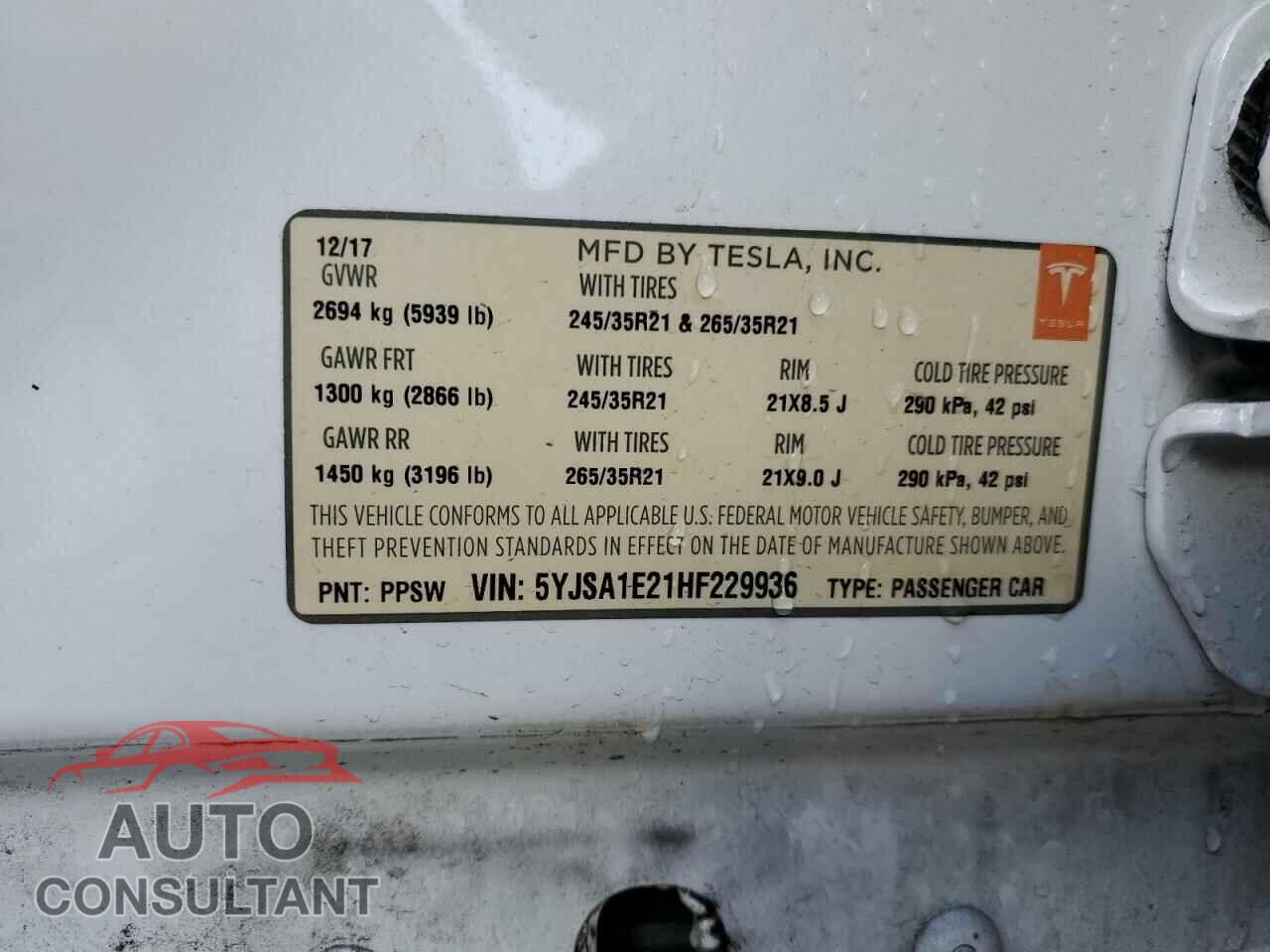 TESLA MODEL S 2017 - 5YJSA1E21HF229936