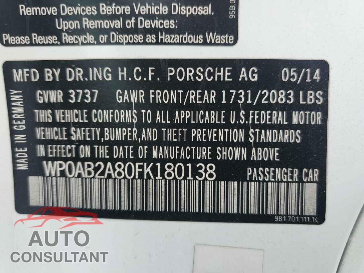 PORSCHE CAYMAN 2015 - WP0AB2A80FK180138