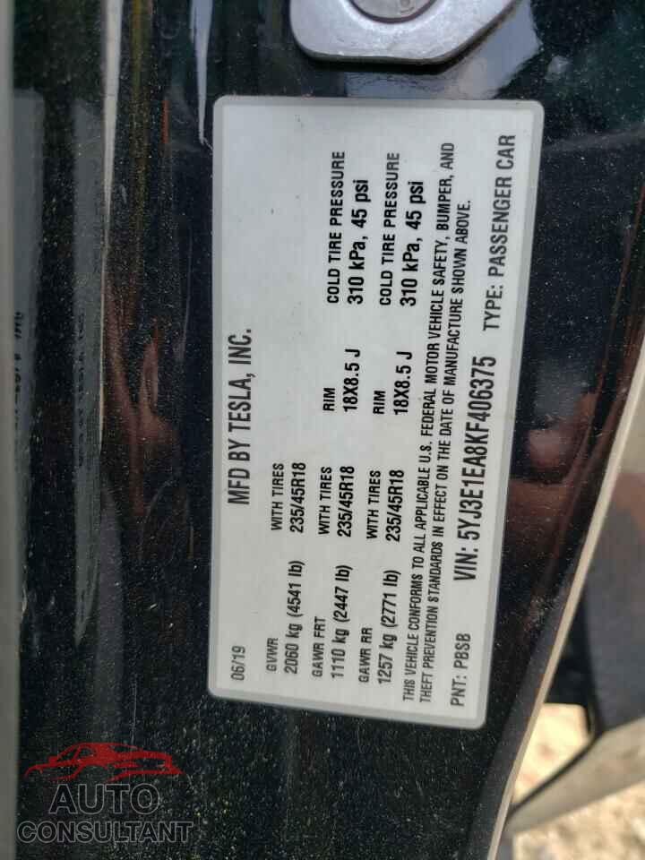 TESLA MODEL 3 2019 - 5YJ3E1EA8KF406375