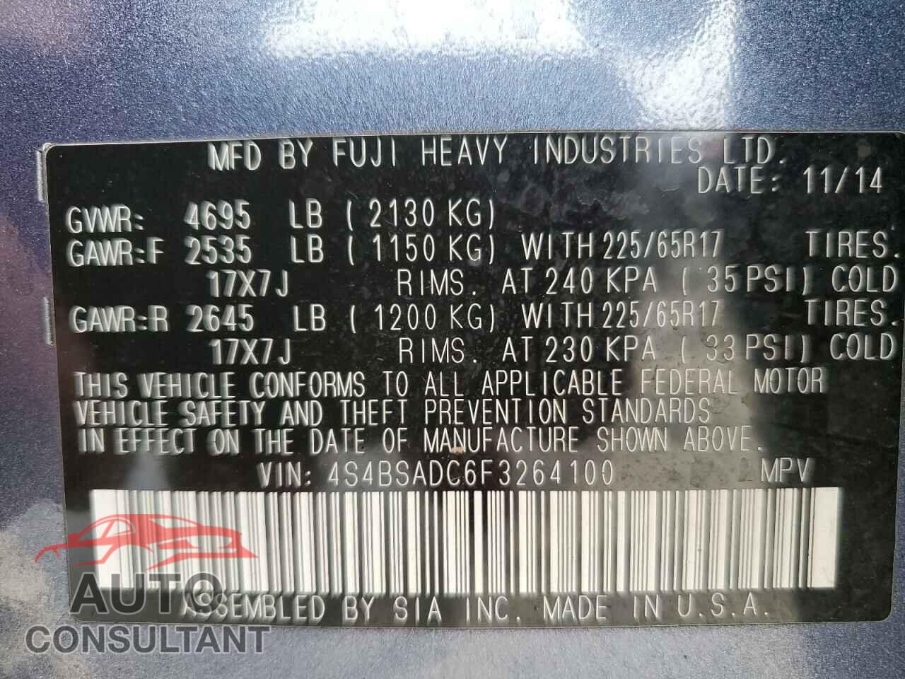 SUBARU OUTBACK 2015 - 4S4BSADC6F3264100