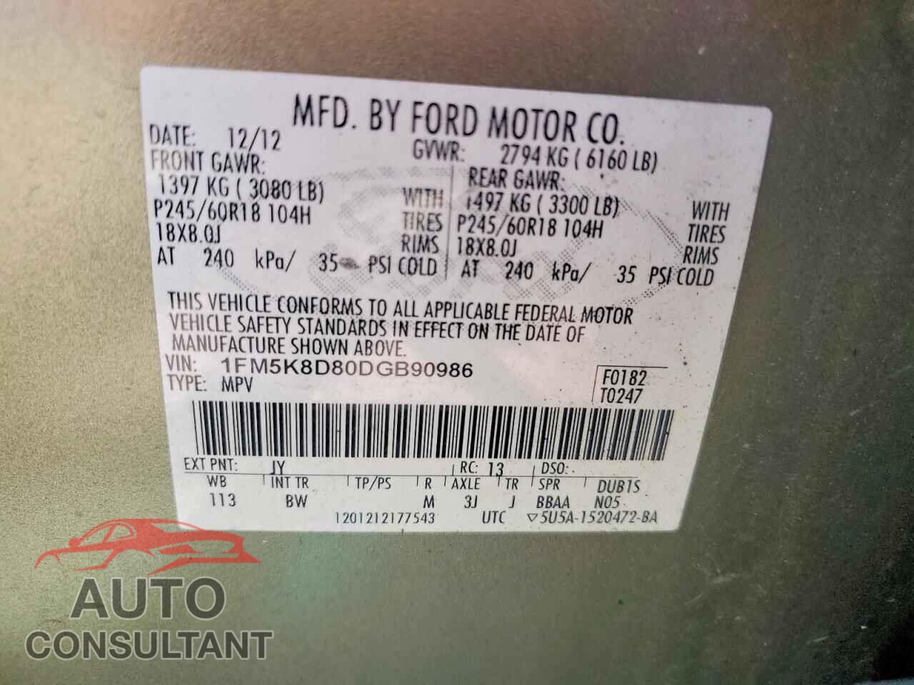 FORD EXPLORER 2013 - 1FM5K8D80DGB90986