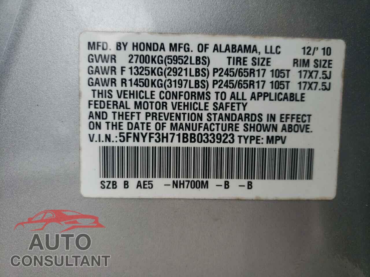 HONDA PILOT 2011 - 5FNYF3H71BB033923
