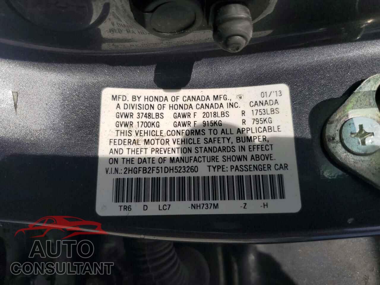 HONDA CIVIC 2013 - 2HGFB2F51DH523260