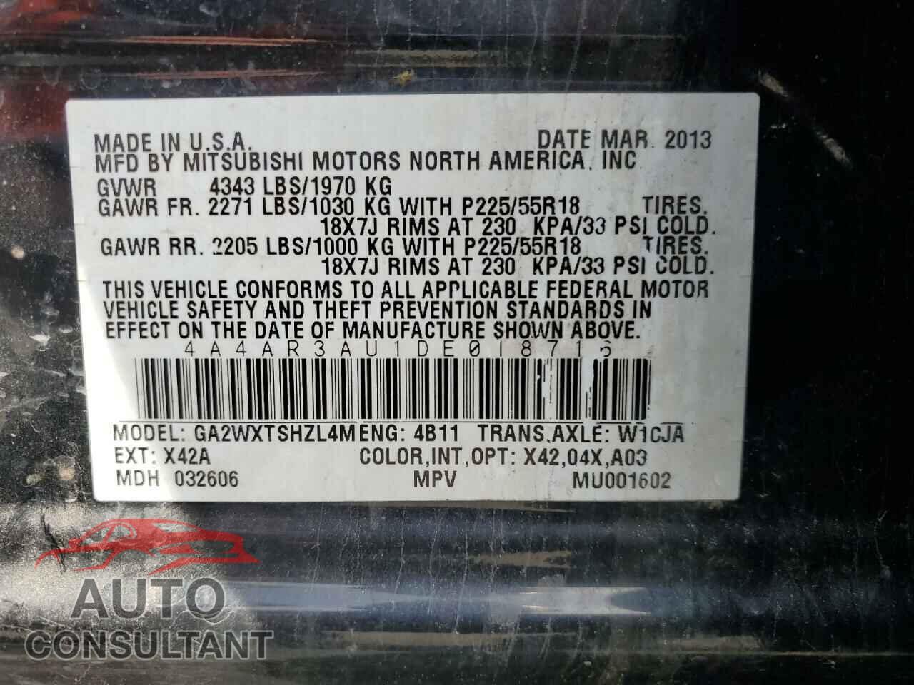 MITSUBISHI OUTLANDER 2013 - 4A4AR3AU1DE018716