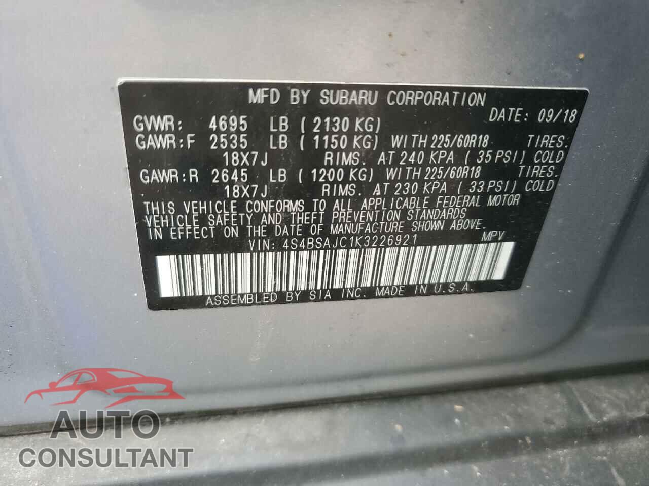 SUBARU OUTBACK 2019 - 4S4BSAJC1K3226921