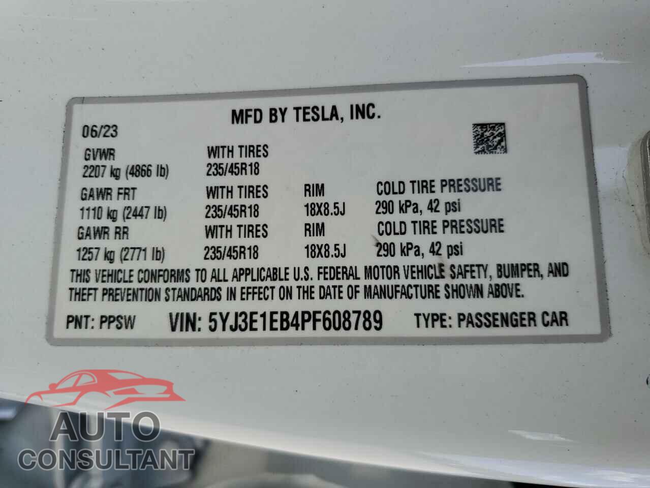 TESLA MODEL 3 2023 - 5YJ3E1EB4PF608789
