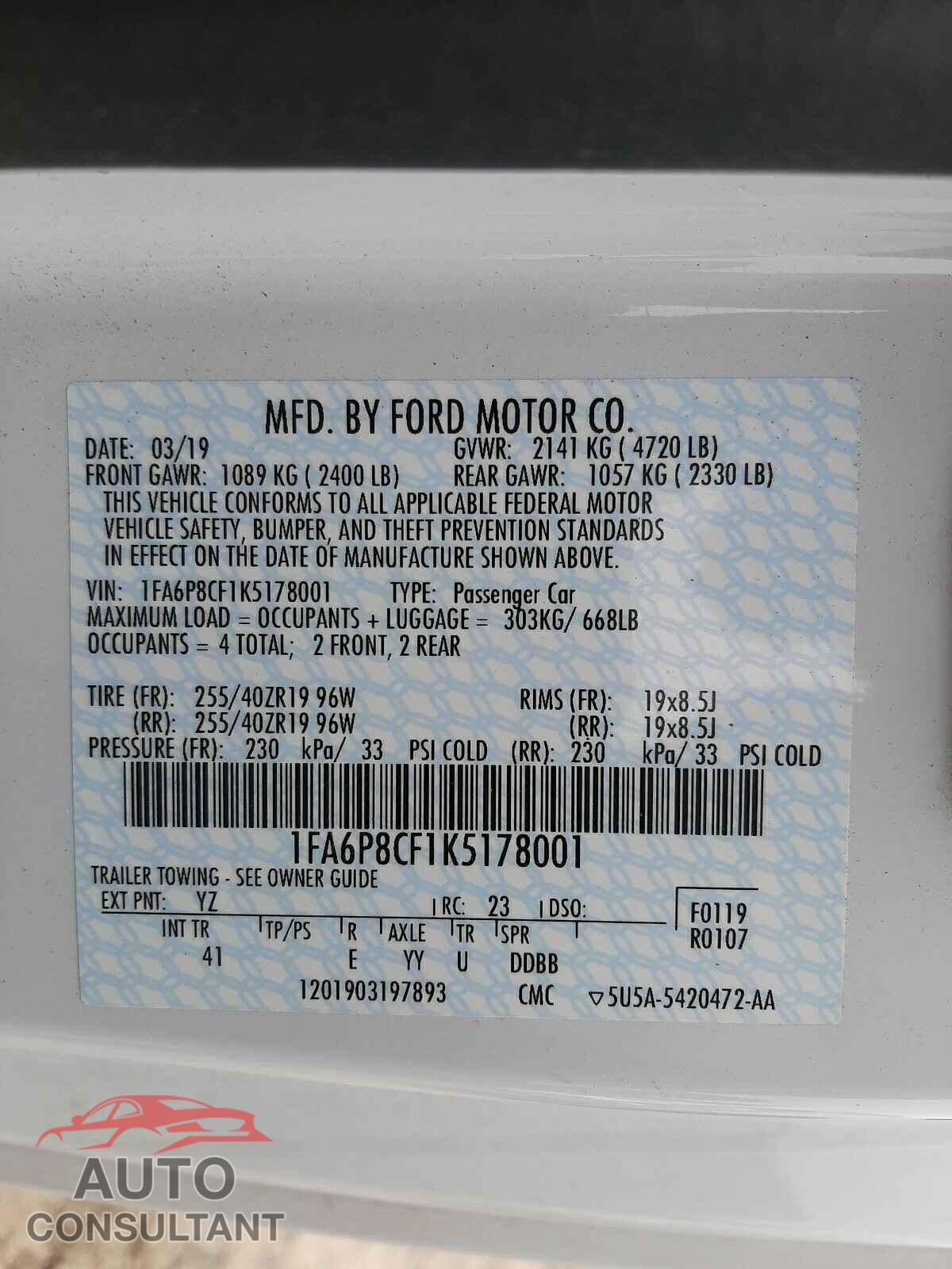 FORD MUSTANG 2019 - 1FA6P8CF1K5178001