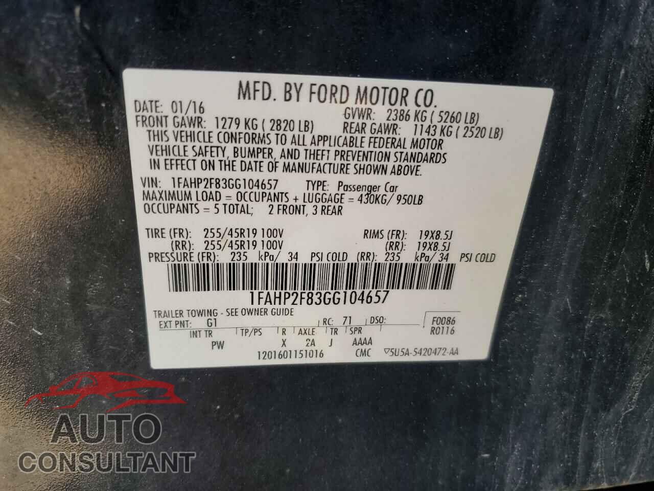 FORD TAURUS 2016 - 1FAHP2F83GG104657