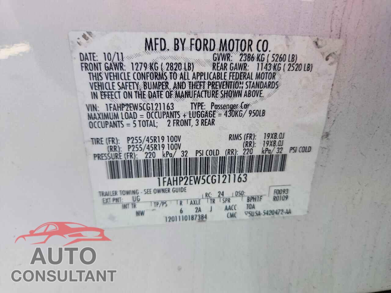 FORD TAURUS 2012 - 1FAHP2EW5CG121163