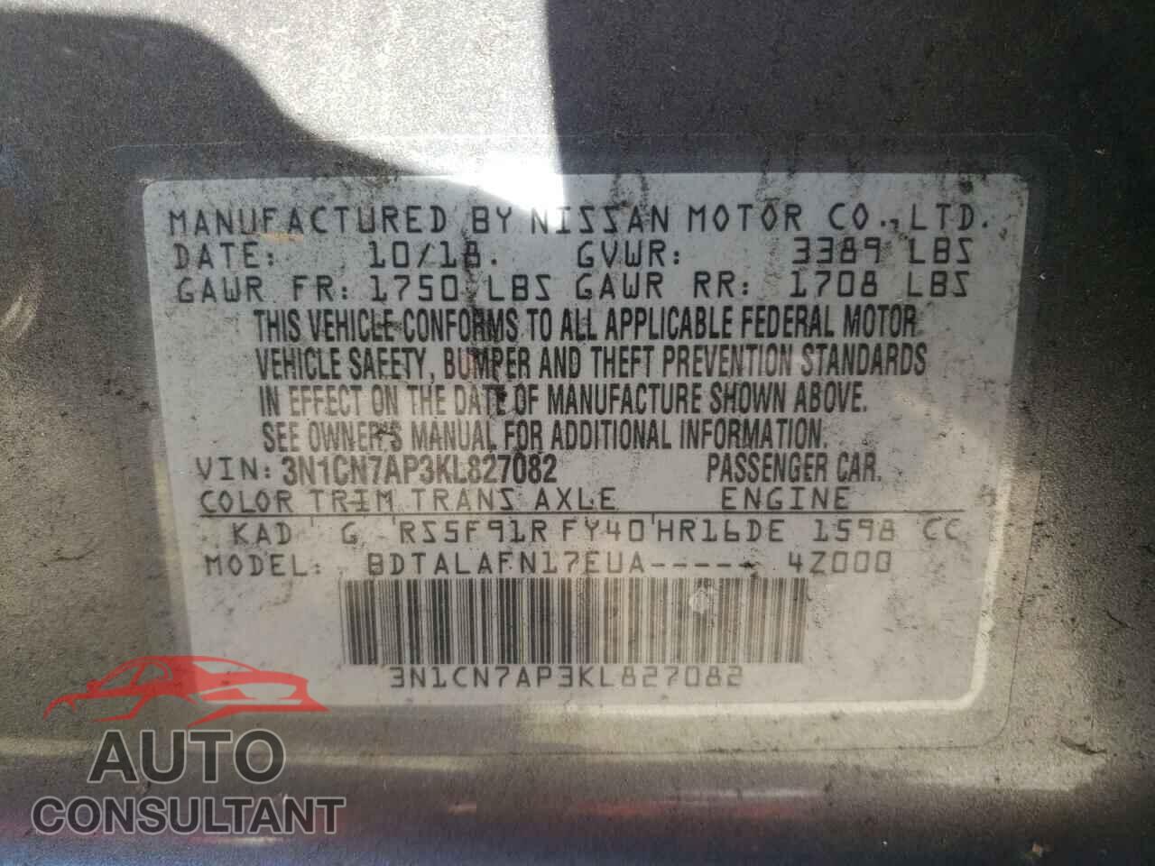 NISSAN VERSA 2019 - 3N1CN7AP3KL827082