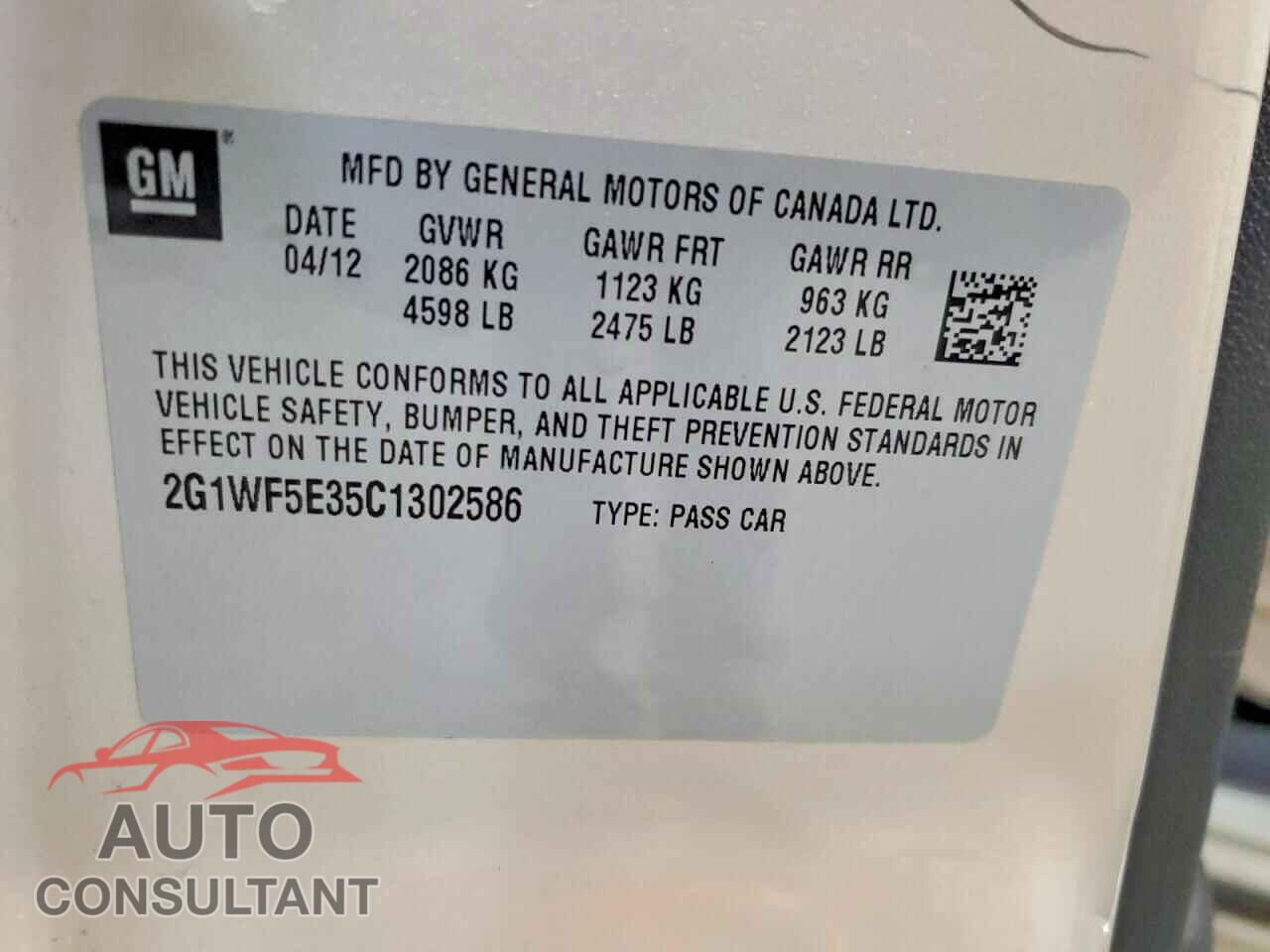 CHEVROLET IMPALA 2012 - 2G1WF5E35C1302586