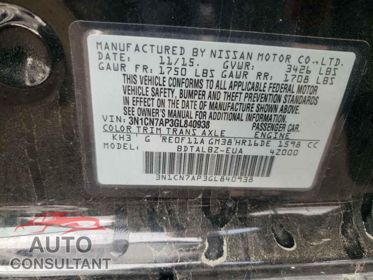NISSAN VERSA 2016 - 3N1CN7AP3GL840938