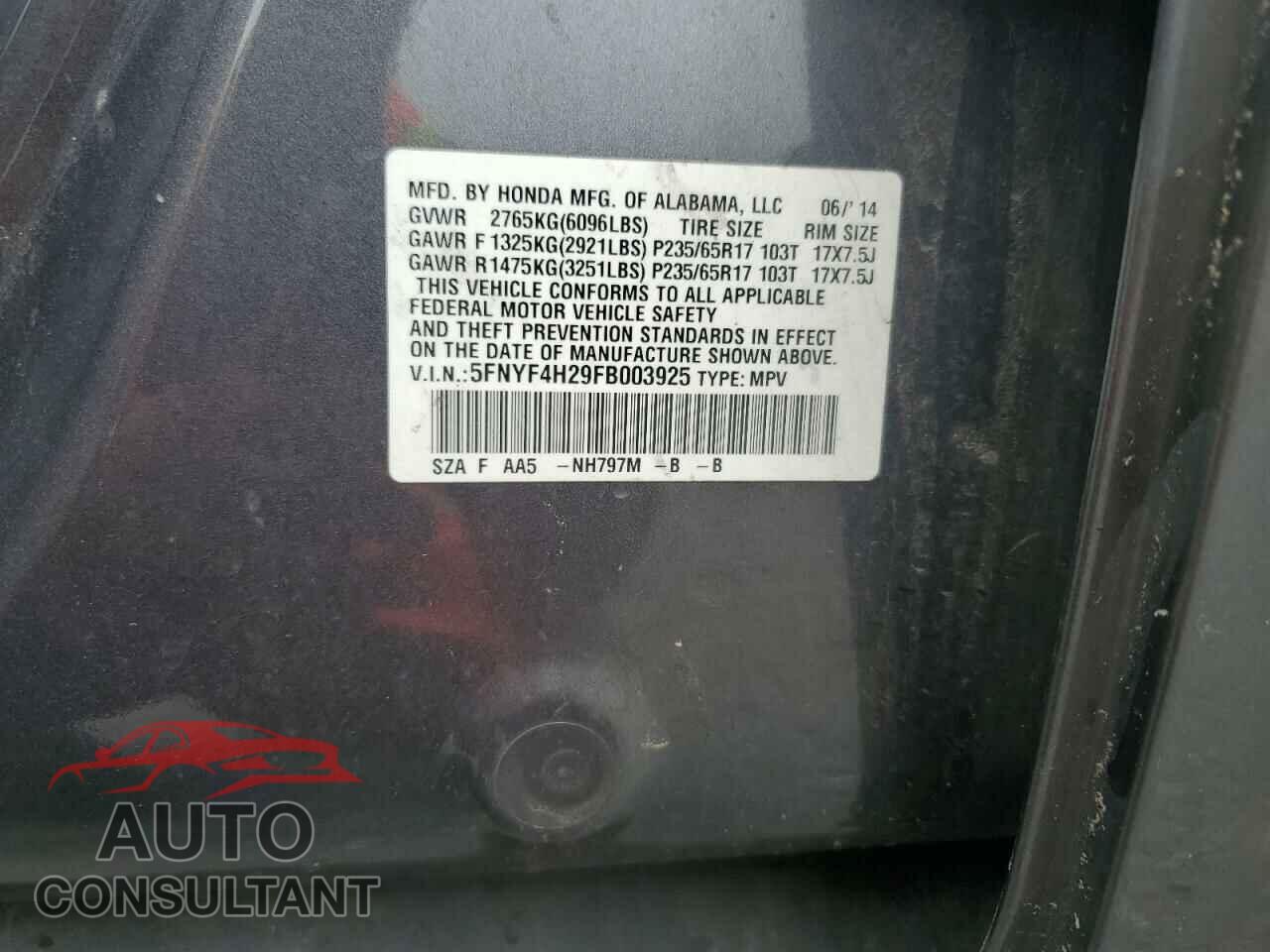 HONDA PILOT 2015 - 5FNYF4H29FB003925