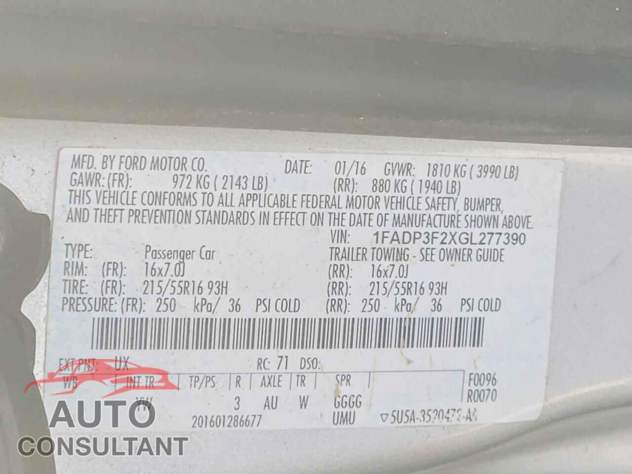 FORD FOCUS 2016 - 1FADP3F2XGL277390
