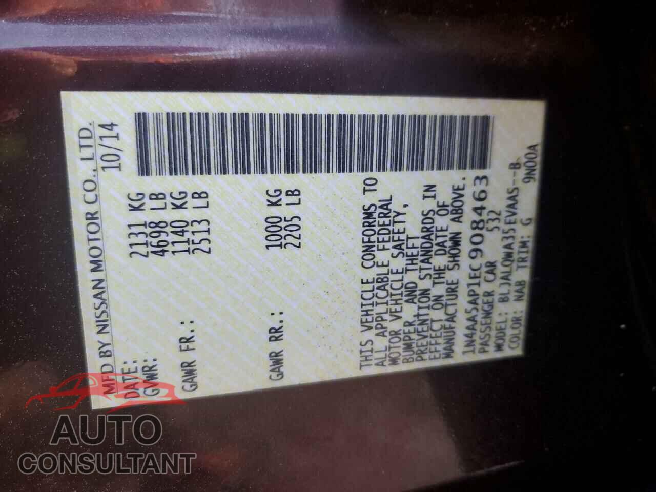 NISSAN MAXIMA 2014 - 1N4AA5AP1EC908463