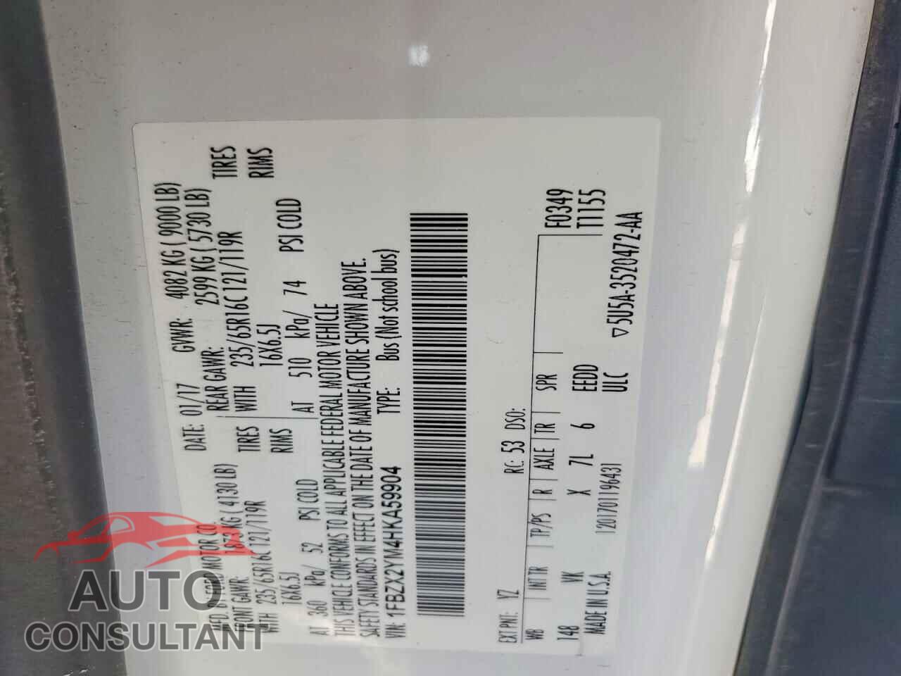 FORD TRANSIT 2017 - 1FBZX2YM4HKA59904