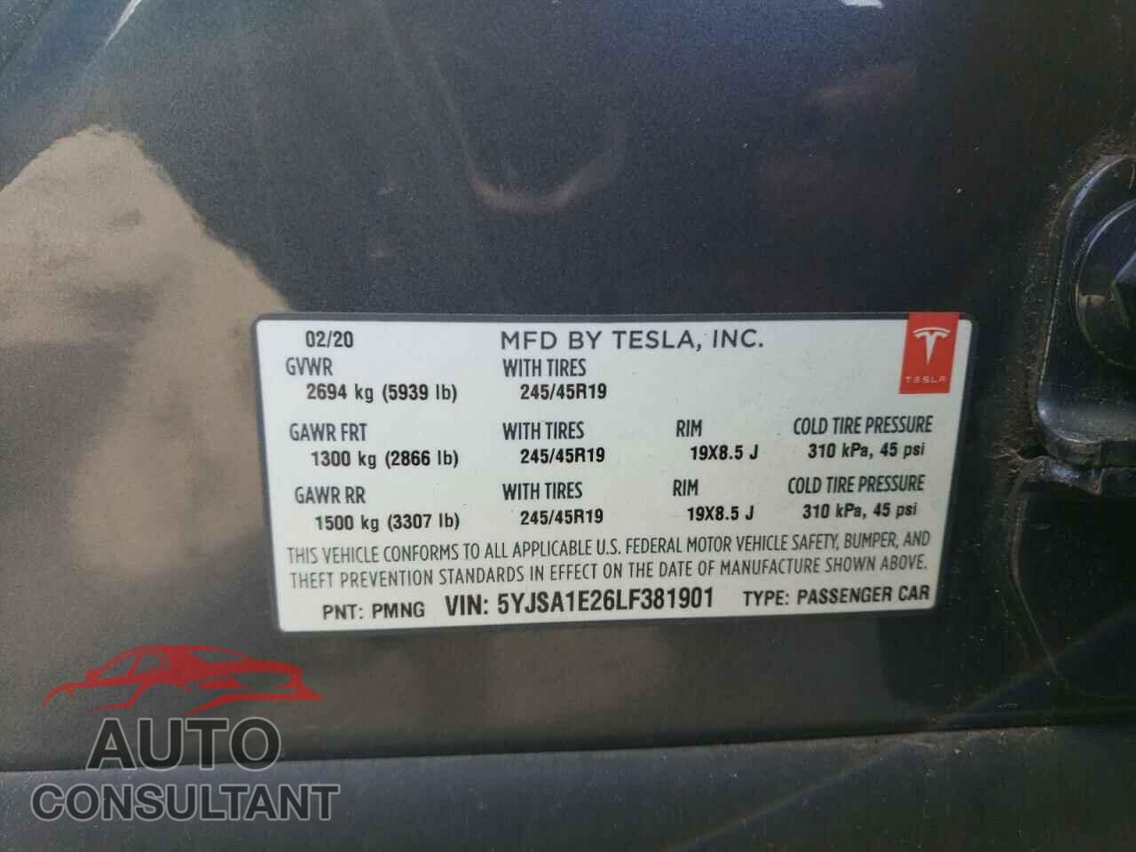 TESLA MODEL S 2020 - 5YJSA1E26LF381901