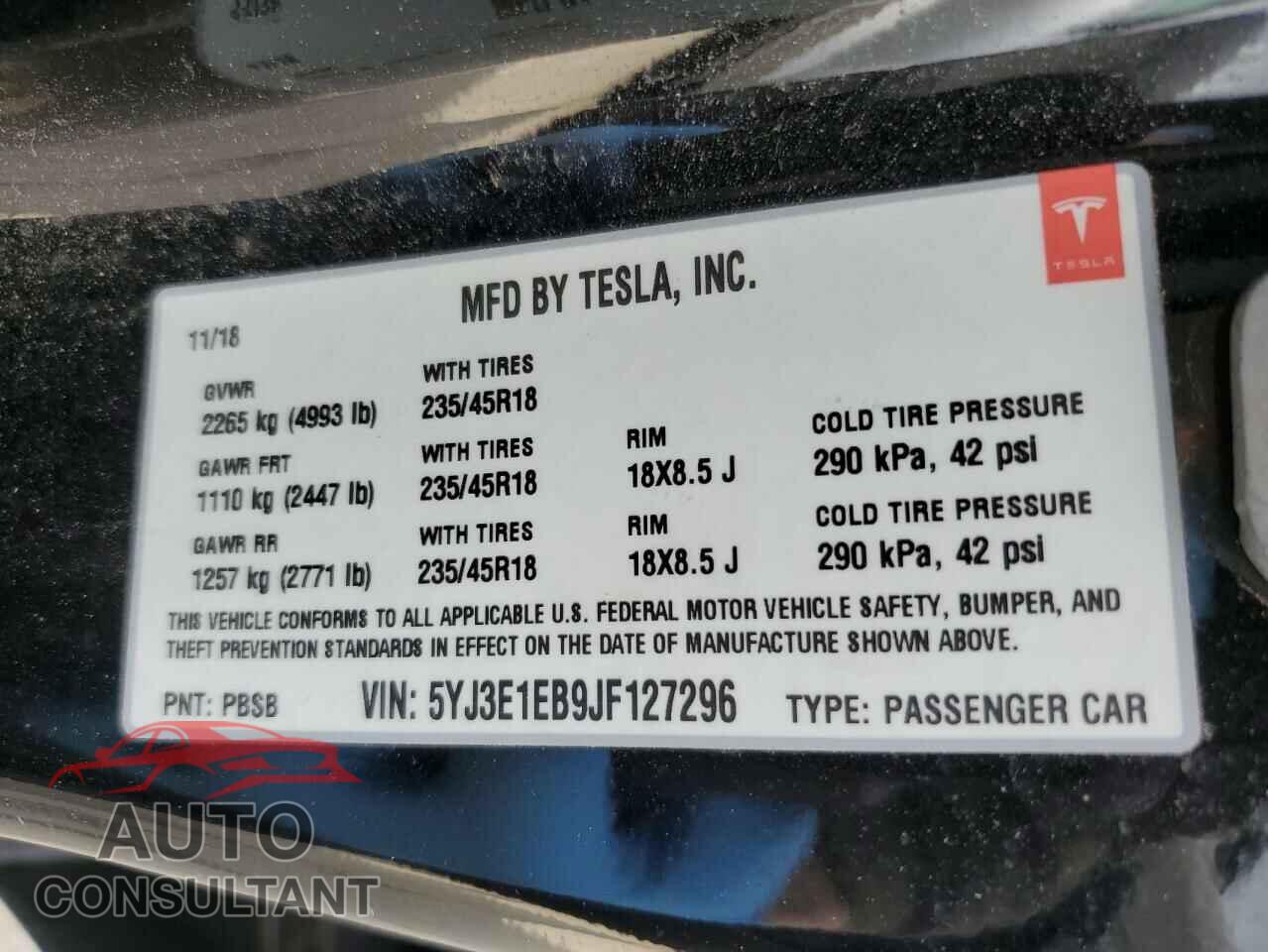 TESLA MODEL 3 2018 - 5YJ3E1EB9JF127296