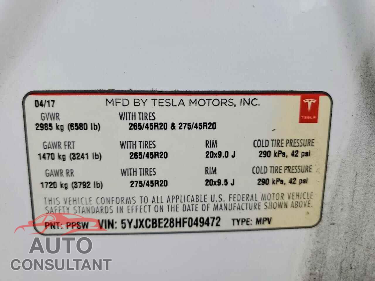 TESLA MODEL X 2017 - 5YJXCBE28HF049472