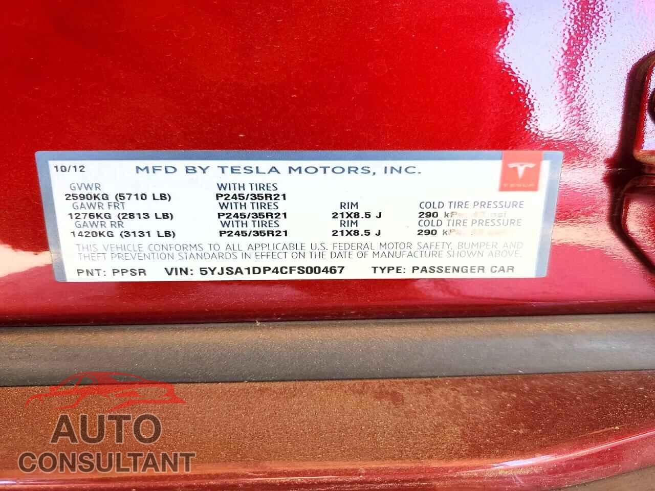 TESLA MODEL S 2012 - 5YJSA1DP4CFS00467