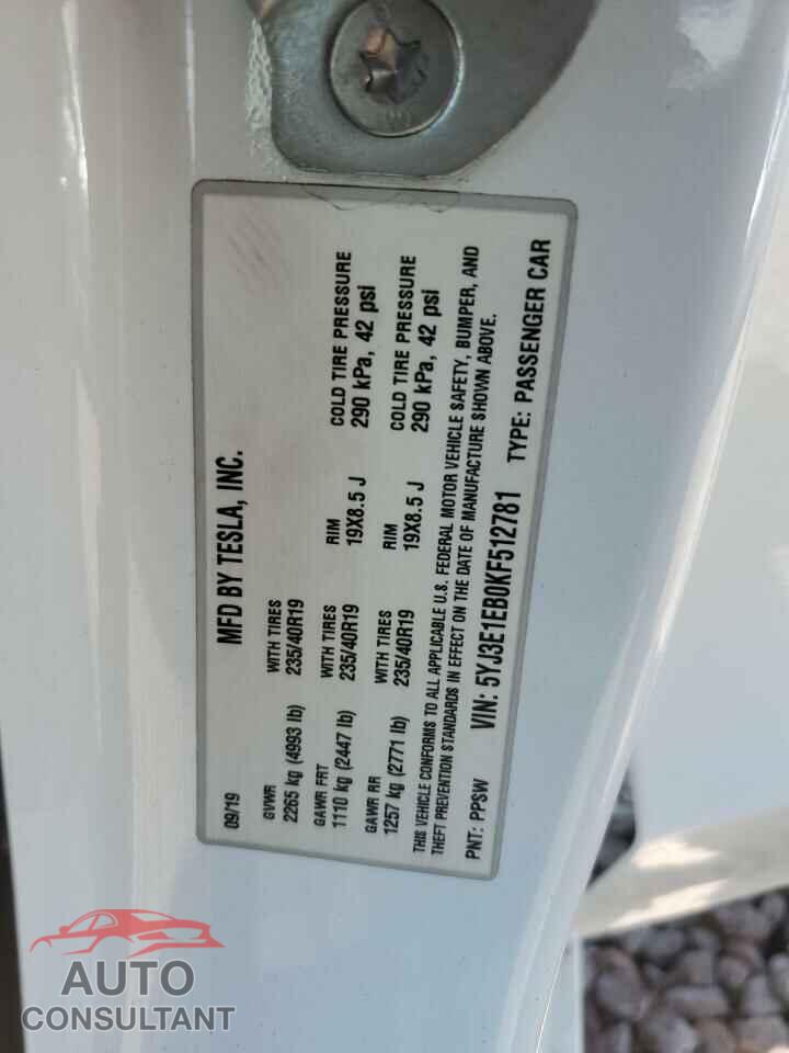 TESLA MODEL 3 2019 - 5YJ3E1EB0KF512781