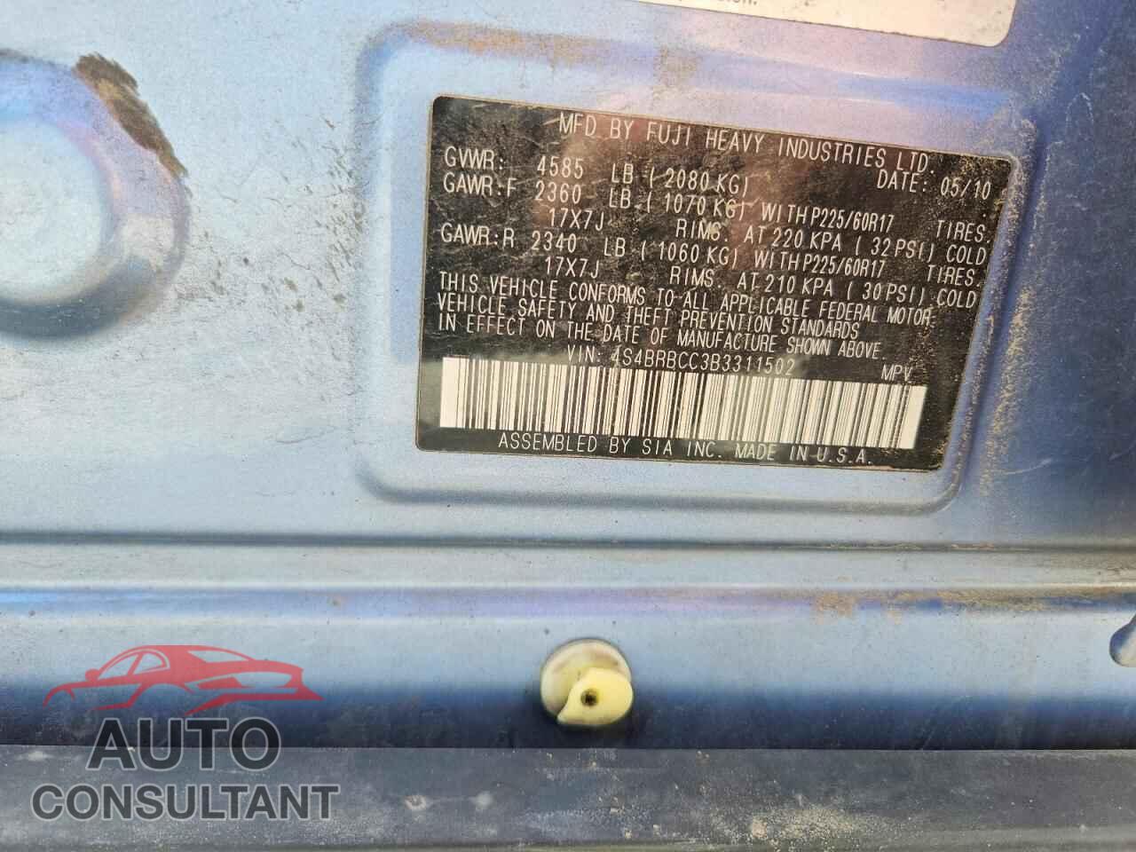 SUBARU OUTBACK 2011 - 4S4BRBCC3B3311502