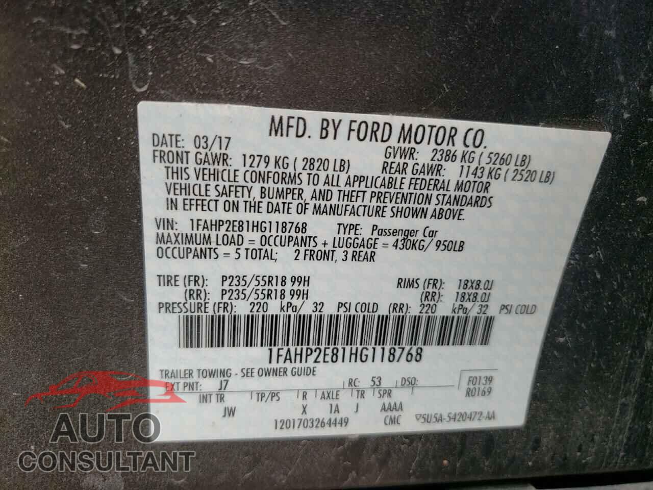 FORD TAURUS 2017 - 1FAHP2E81HG118768