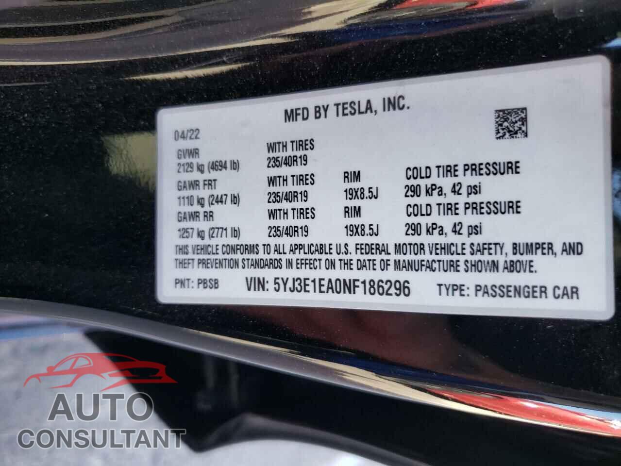 TESLA MODEL 3 2022 - 5YJ3E1EA0NF186296