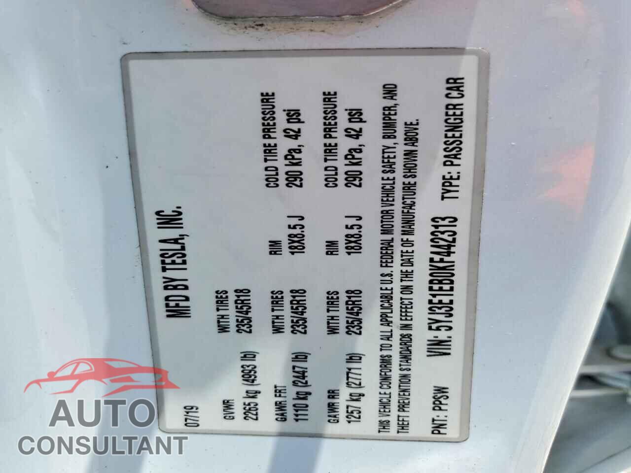 TESLA MODEL 3 2019 - 5YJ3E1EB0KF442313