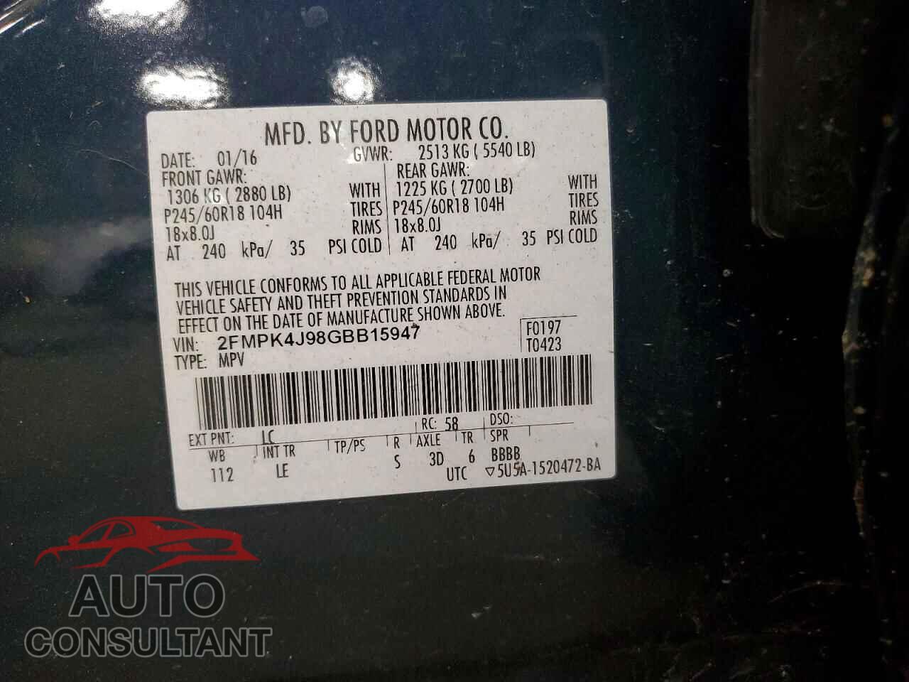 FORD EDGE 2016 - 2FMPK4J98GBB15947
