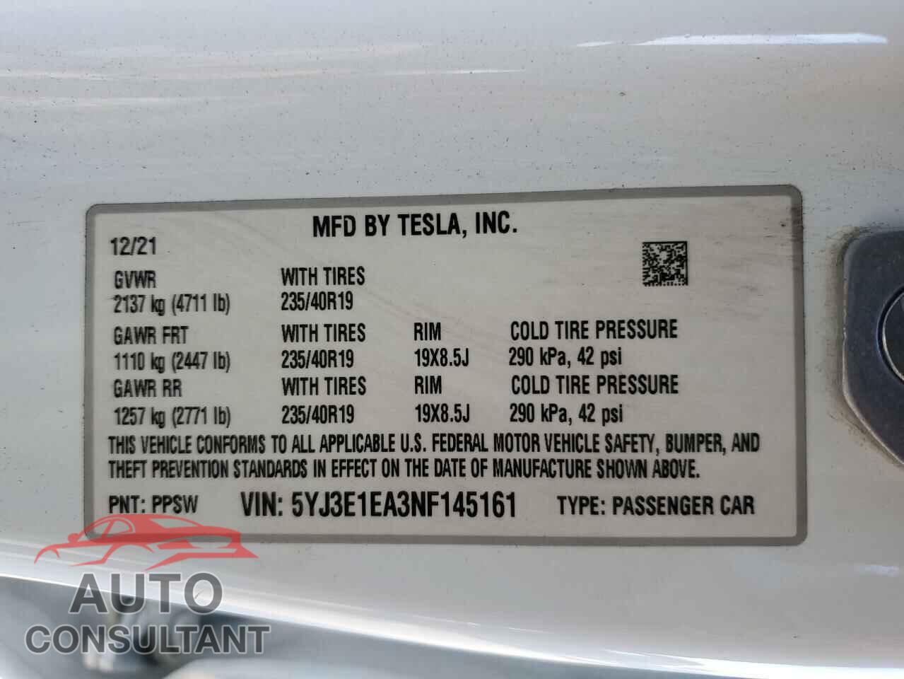 TESLA MODEL 3 2022 - 5YJ3E1EA3NF145161