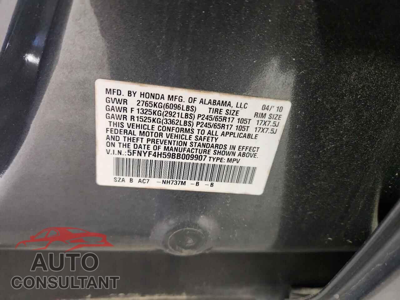 HONDA PILOT 2011 - 5FNYF4H59BB009907