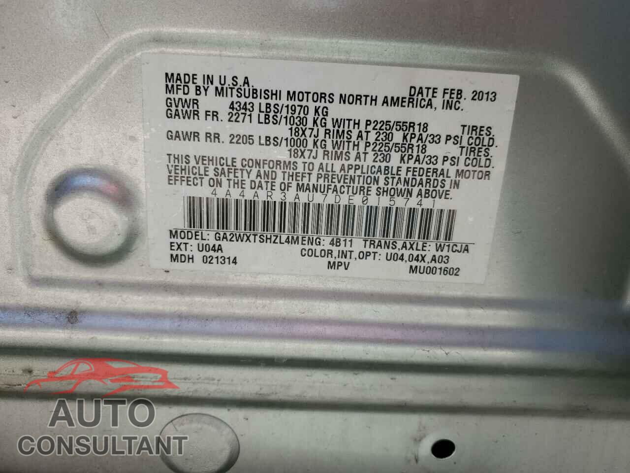 MITSUBISHI OUTLANDER 2013 - 4A4AR3AU7DE015741
