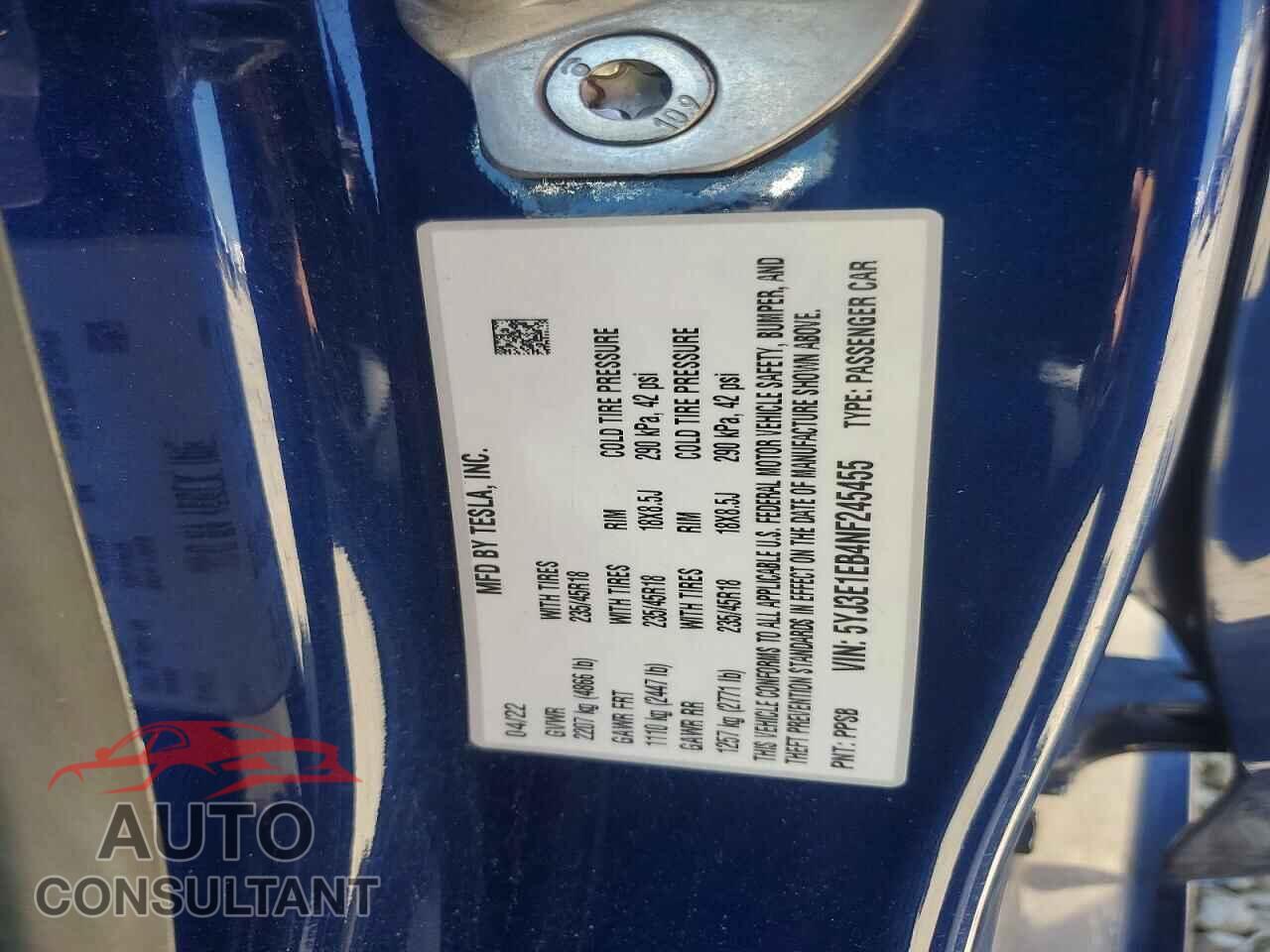 TESLA MODEL 3 2022 - 5YJ3E1EB4NF245455