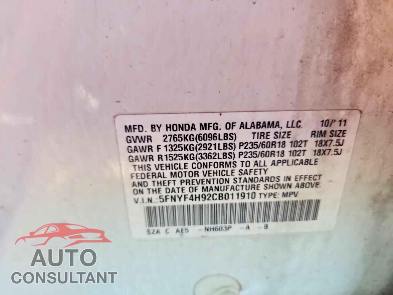 HONDA PILOT 2012 - 5FNYF4H92CB011910