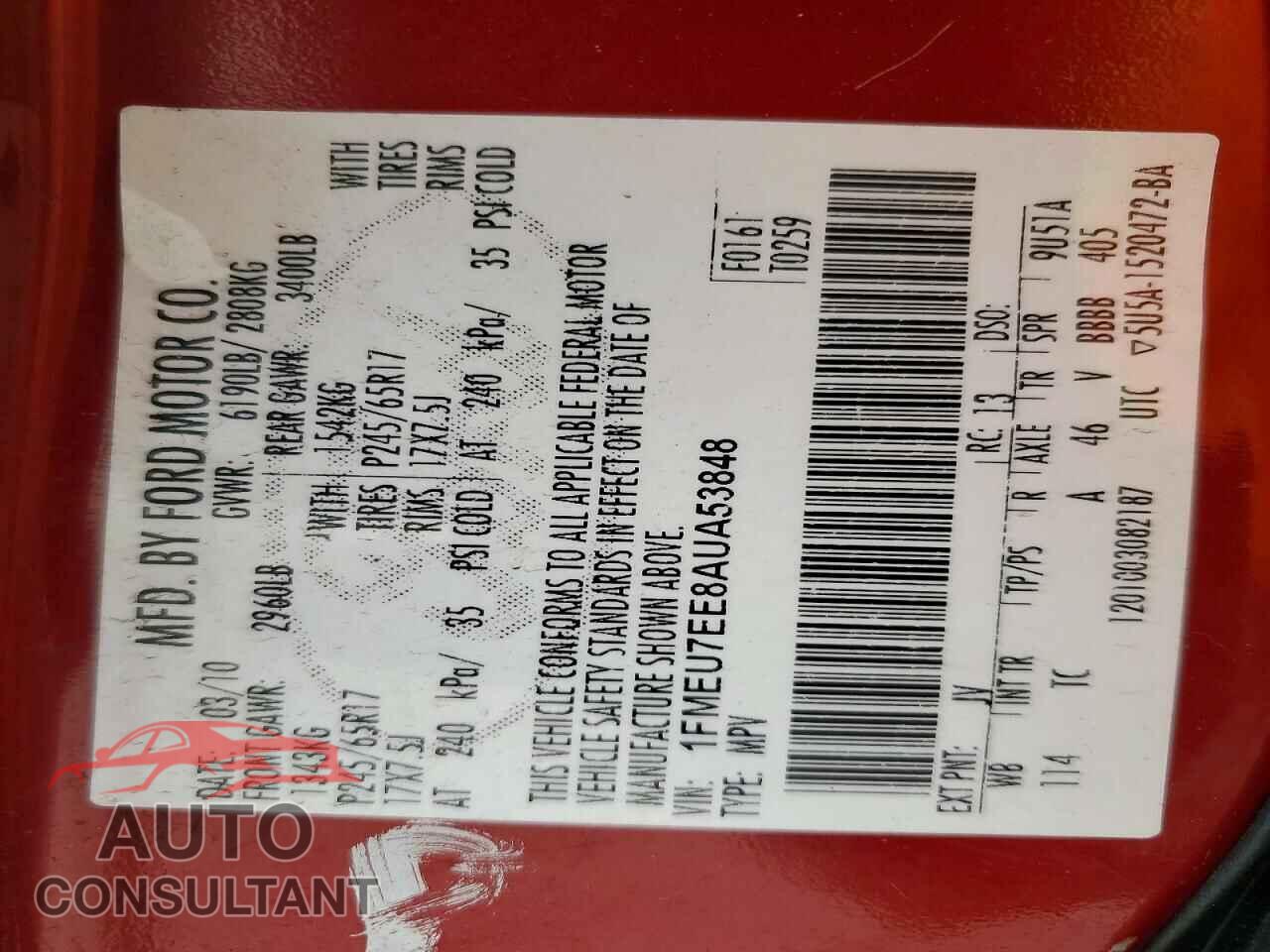 FORD EXPLORER 2010 - 1FMEU7EE8AUA53848