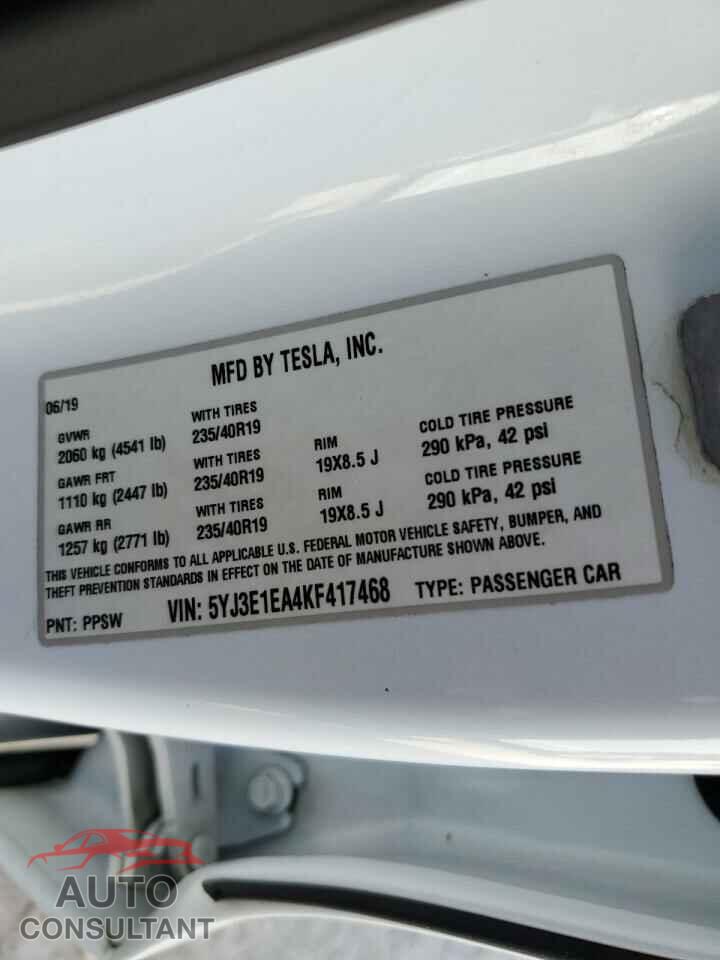 TESLA MODEL 3 2019 - 5YJ3E1EA4KF417468