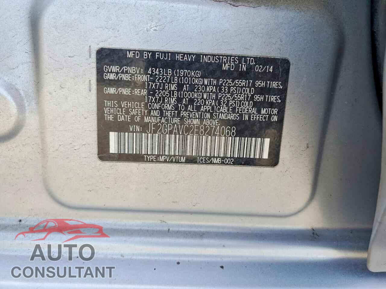 SUBARU XV 2014 - JF2GPAVC2E8274068