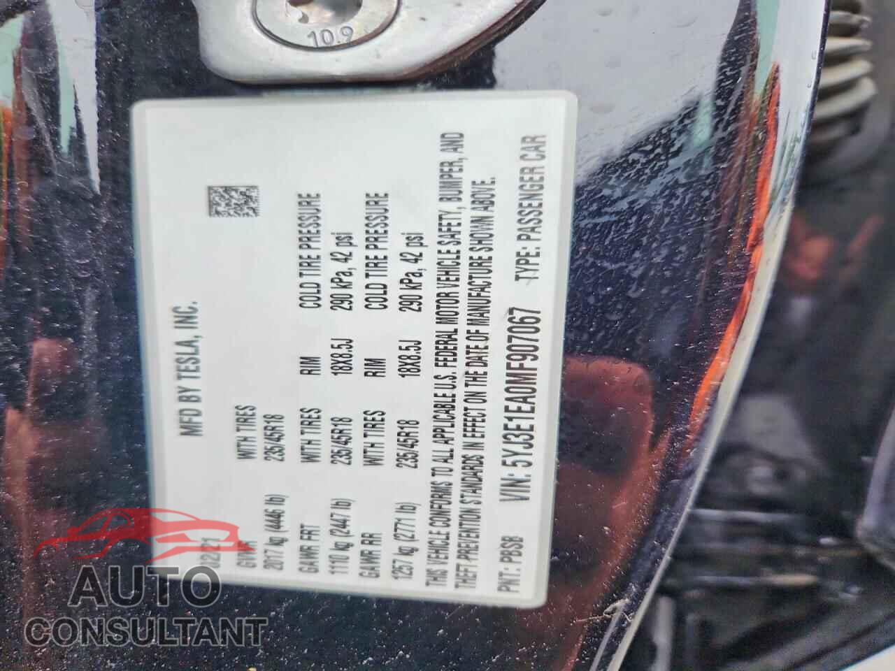 TESLA MODEL 3 2021 - 5YJ3E1EA0MF907067