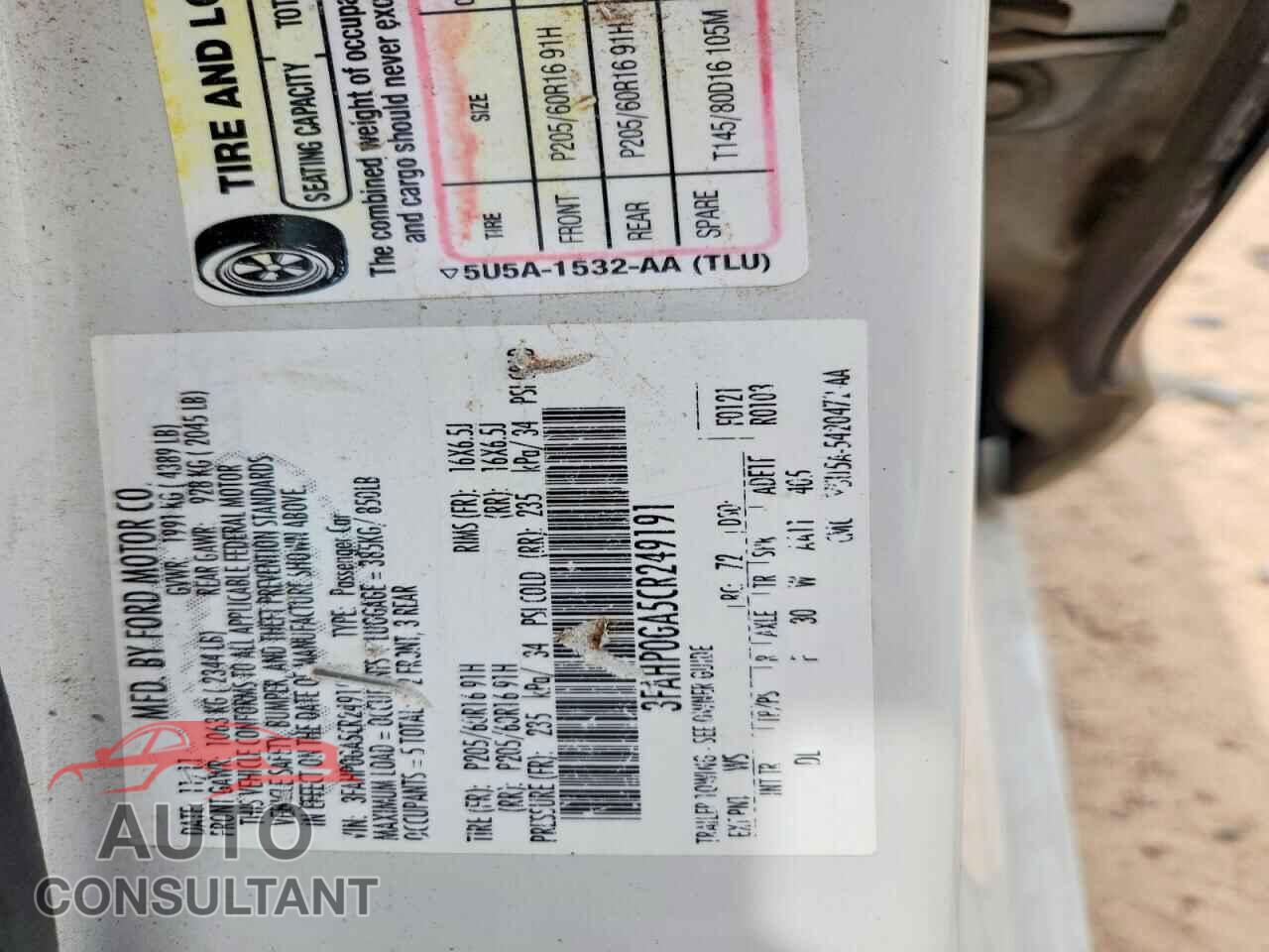 FORD FUSION 2012 - 3FAHP0GA5CR249191