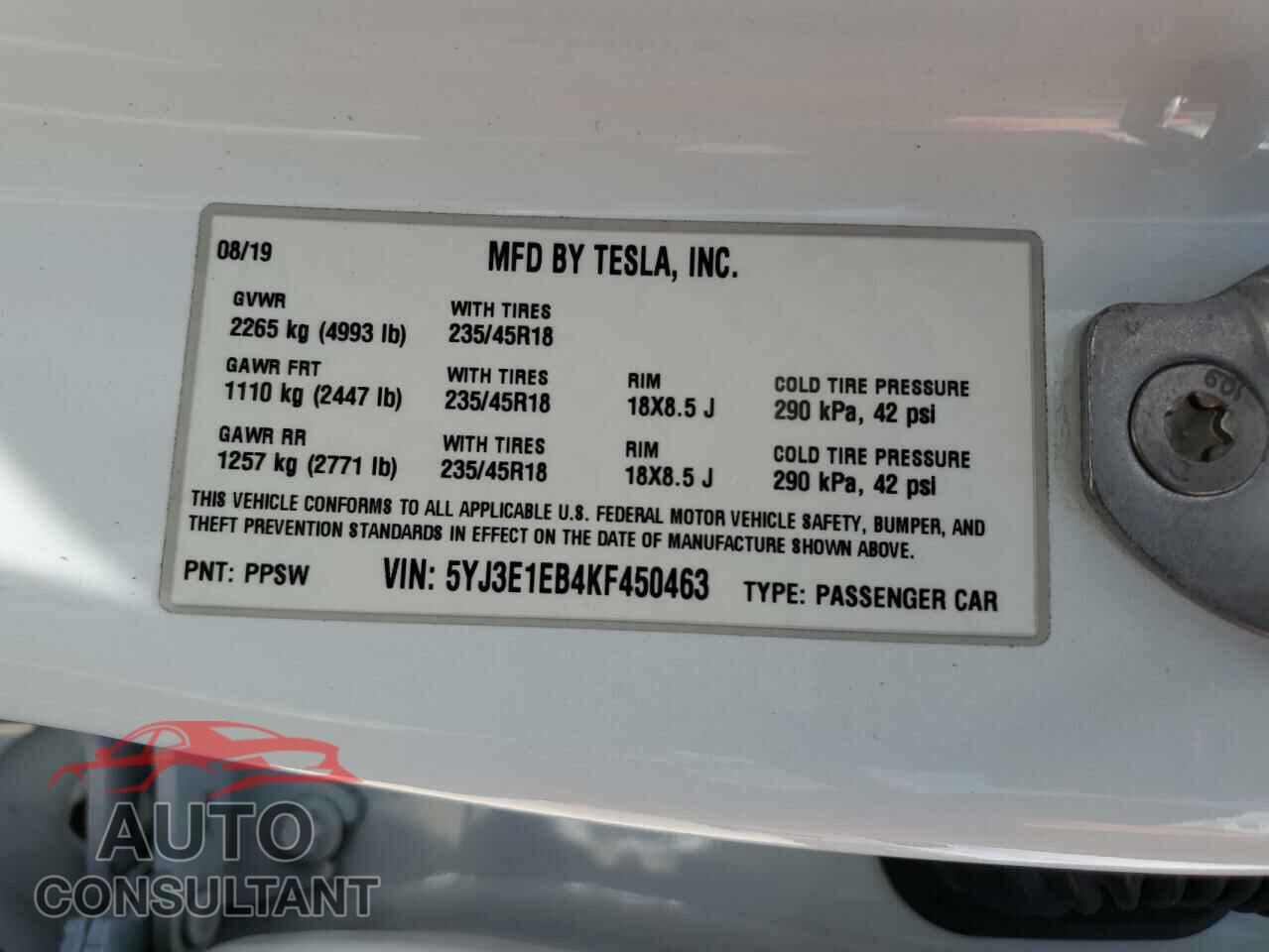 TESLA MODEL 3 2019 - 5YJ3E1EB4KF450463