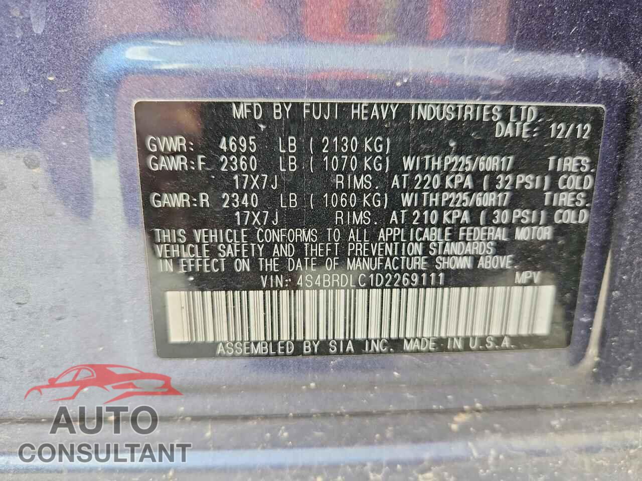 SUBARU OUTBACK 2013 - 4S4BRDLC1D2269111
