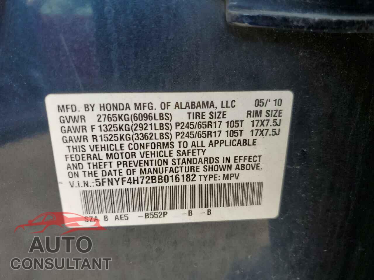 HONDA PILOT 2011 - 5FNYF4H72BB016182