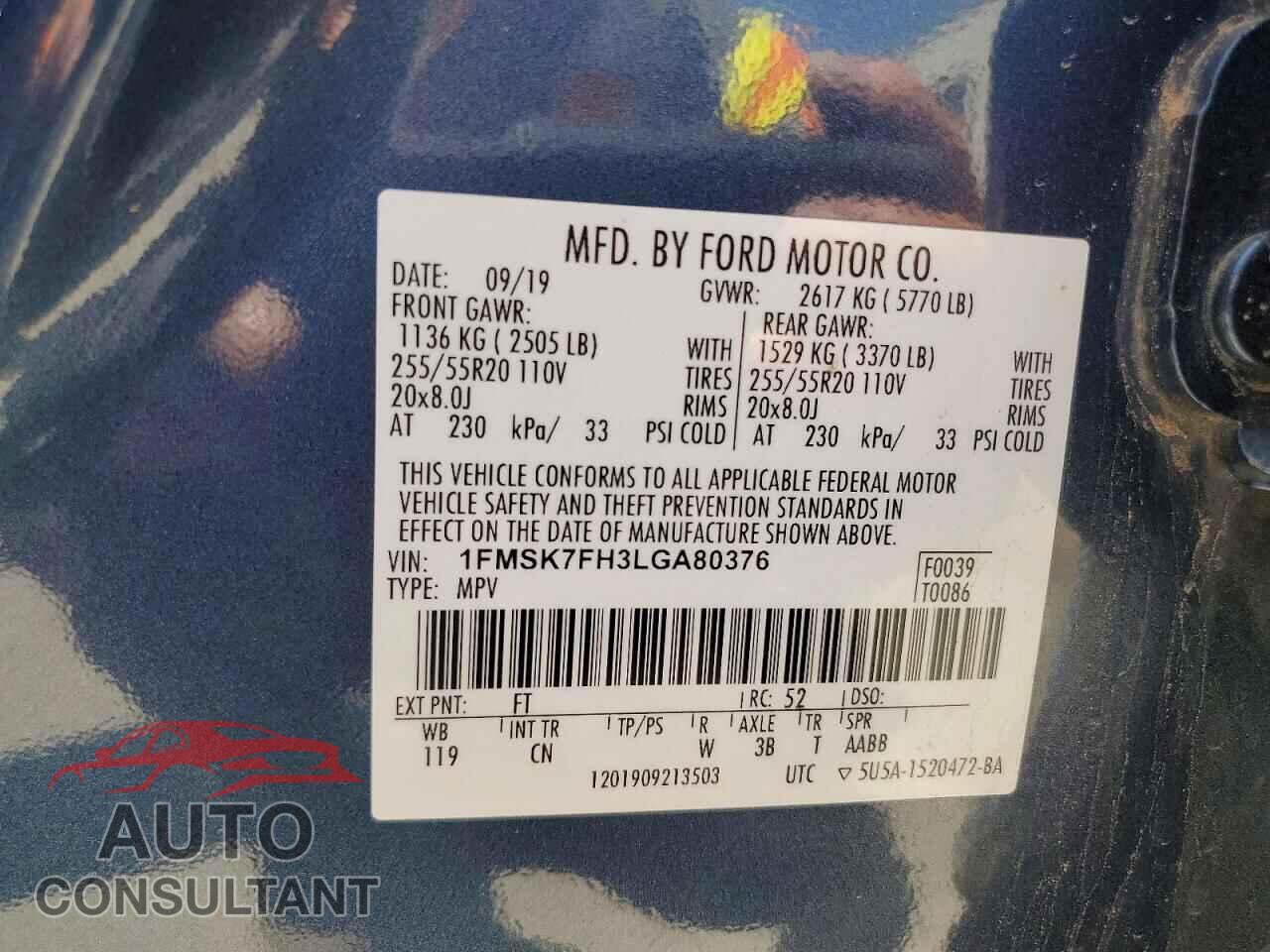 FORD EXPLORER 2020 - 1FMSK7FH3LGA80376