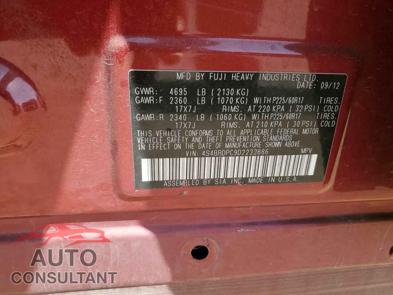 SUBARU OUTBACK 2013 - 4S4BRDPC9D2233886