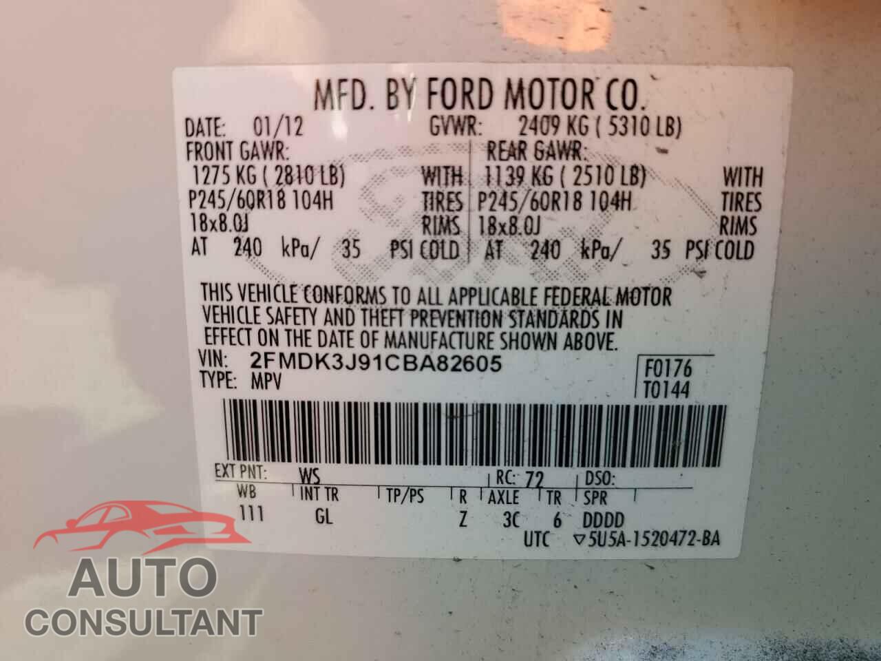 FORD EDGE 2012 - 2FMDK3J91CBA82605