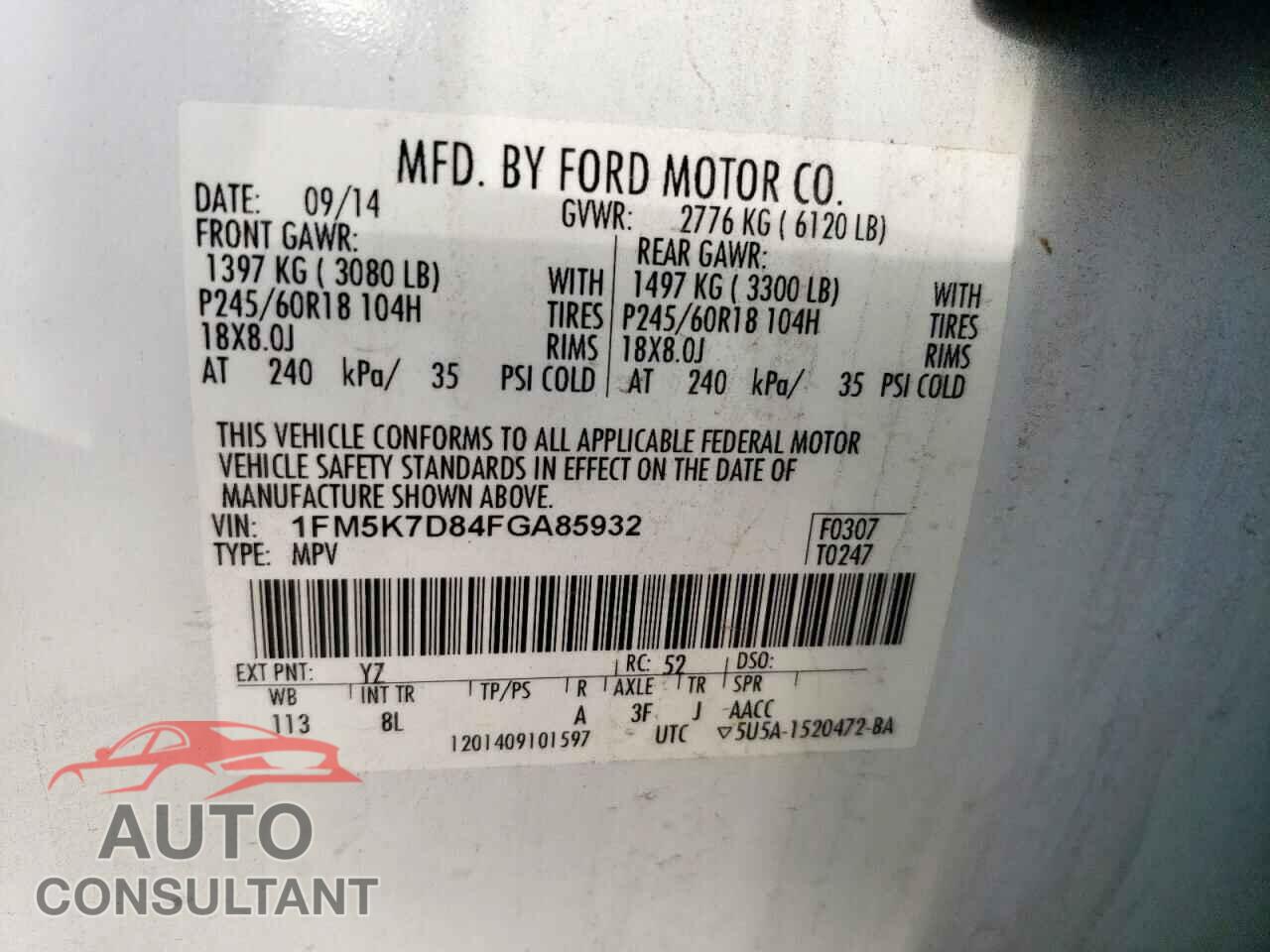 FORD EXPLORER 2015 - 1FM5K7D84FGA85932