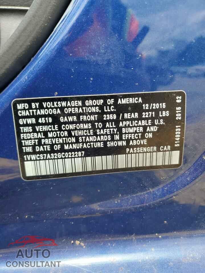 VOLKSWAGEN PASSAT 2016 - 1VWCS7A32GC022287