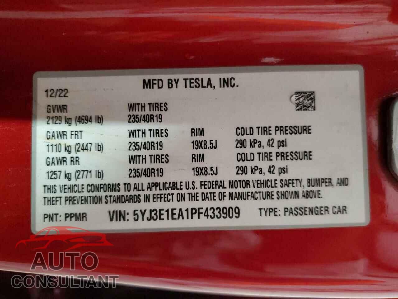 TESLA MODEL 3 2023 - 5YJ3E1EA1PF433909
