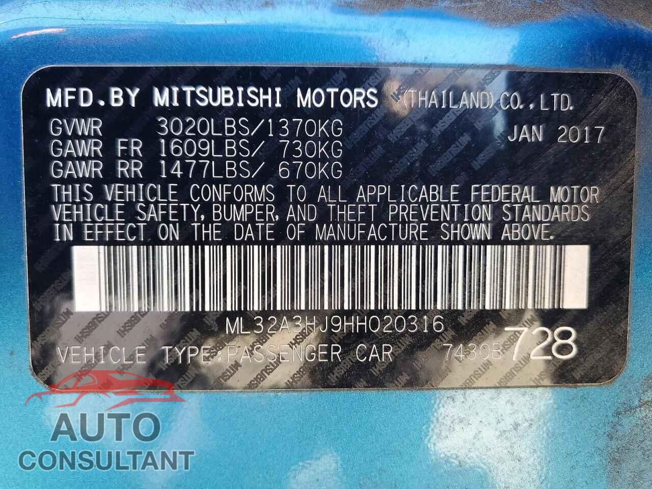 MITSUBISHI MIRAGE 2017 - ML32A3HJ9HH020316
